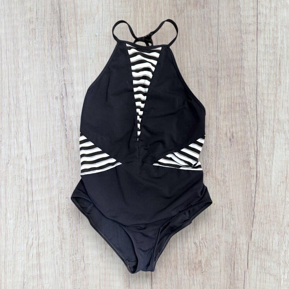 Jets Australia One Piece Swimsuit Black White Stripe Panel High Neck Halter 14